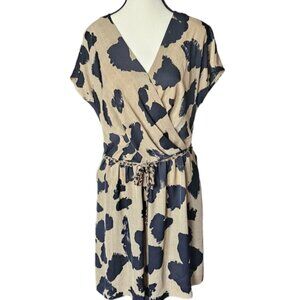 Rachel Ray mini dress beige black spotted pattern deep crossed V Neck zipper szL